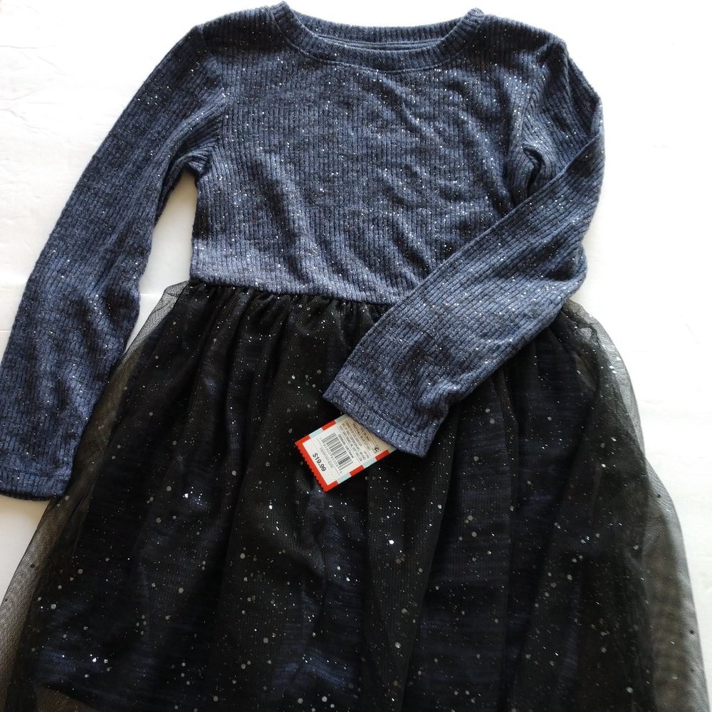 Cat & Jack Dress Slate Blue Top Black Tulle Skirt Silver Sparkles NWT Girl's XS